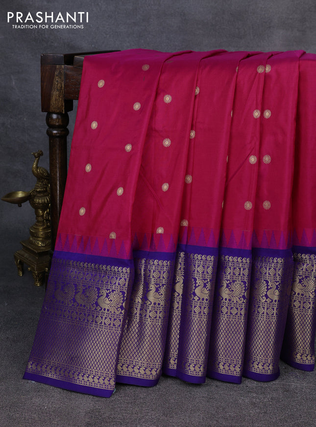 Narayanpet silk saree tomato pink and dark blue with allover zari woven buttas and temple design long zari woven border
