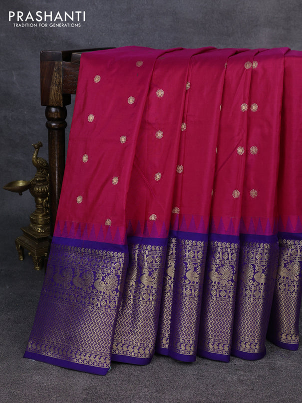 Narayanpet silk saree tomato pink and dark blue with allover zari woven buttas and temple design long zari woven border