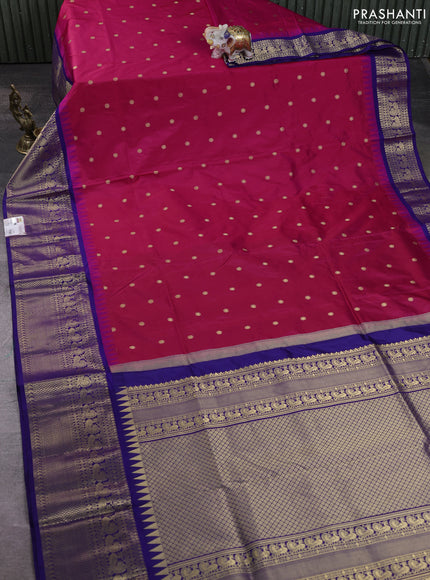 Narayanpet silk saree tomato pink and dark blue with allover zari woven buttas and temple design long zari woven border