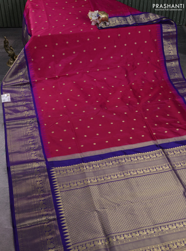 Narayanpet silk saree tomato pink and dark blue with allover zari woven buttas and temple design long zari woven border