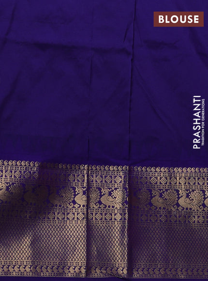 Narayanpet silk saree tomato pink and dark blue with allover zari woven buttas and temple design long zari woven border