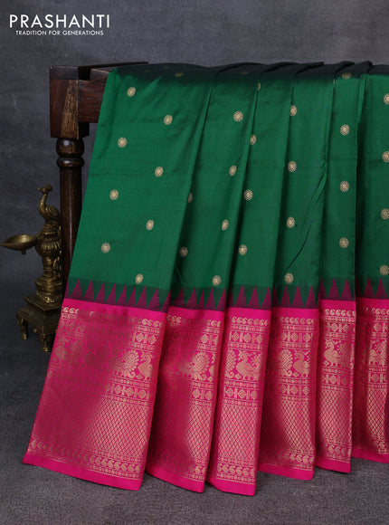 Narayanpet silk saree green and pink with allover zari woven buttas and temple design long zari woven border