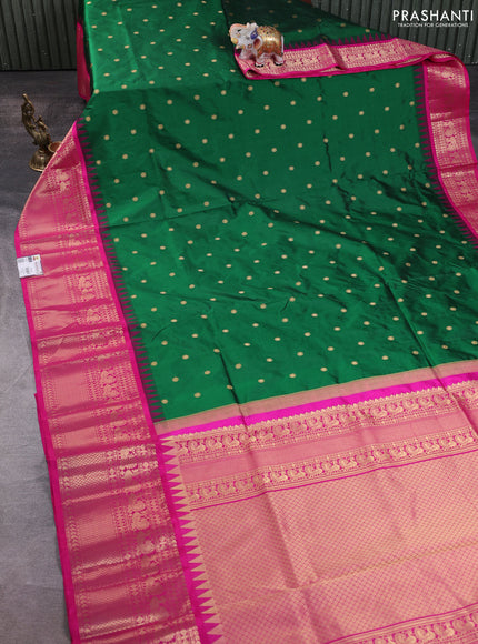 Narayanpet silk saree green and pink with allover zari woven buttas and temple design long zari woven border