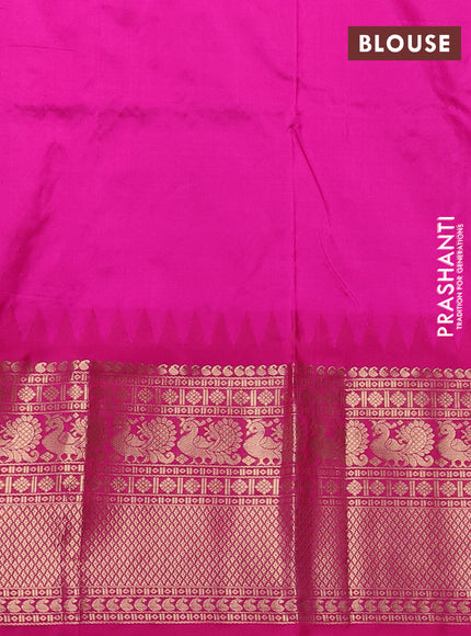 Narayanpet silk saree green and pink with allover zari woven buttas and temple design long zari woven border