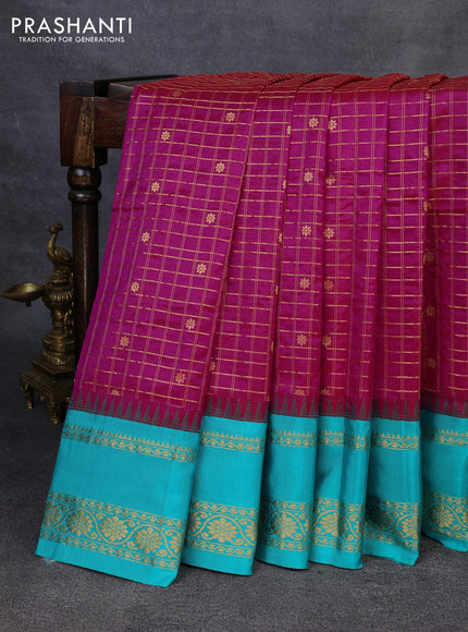 Narayanpet silk saree dark pink and teal green with allover zari checks & buttas and temple design rettapet zari woven border