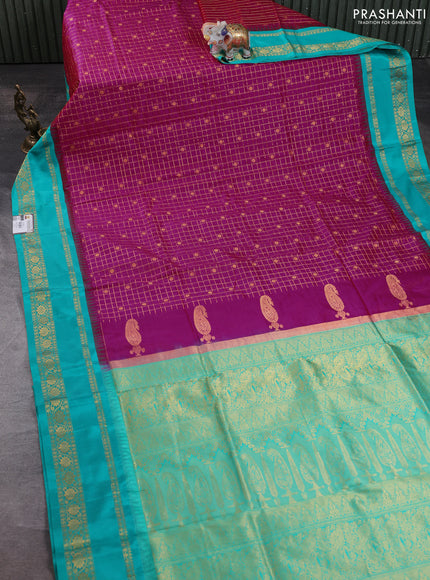 Narayanpet silk saree dark pink and teal green with allover zari checks & buttas and temple design rettapet zari woven border