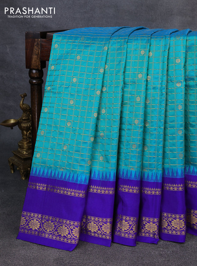 Narayanpet silk saree teal blue shade and royal blue with allover zari checks & buttas and temple design rettapet zari woven border