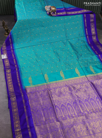 Narayanpet silk saree teal blue shade and royal blue with allover zari checks & buttas and temple design rettapet zari woven border