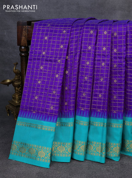 Narayanpet silk saree violet and teal green with allover zari checks & buttas and temple design rettapet zari woven border