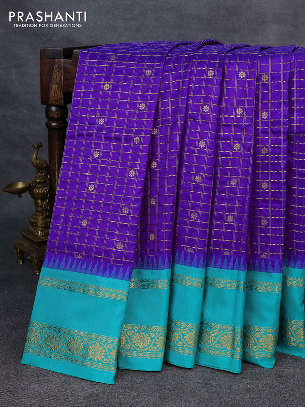 Narayanpet silk saree violet and teal green with allover zari checks & buttas and temple design rettapet zari woven border