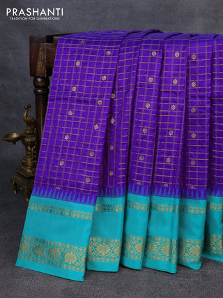 Narayanpet silk saree violet and teal green with allover zari checks & buttas and temple design rettapet zari woven border