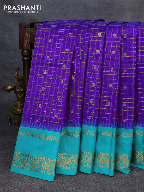 Narayanpet silk saree violet and teal green with allover zari checks & buttas and temple design rettapet zari woven border