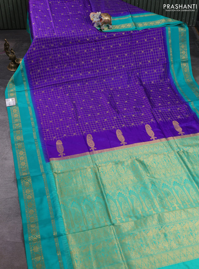 Narayanpet silk saree violet and teal green with allover zari checks & buttas and temple design rettapet zari woven border