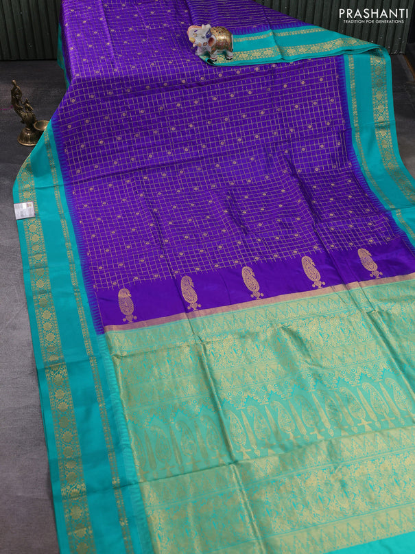 Narayanpet silk saree violet and teal green with allover zari checks & buttas and temple design rettapet zari woven border