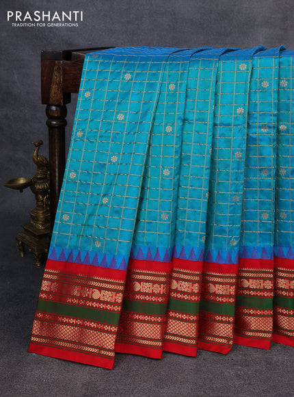 Narayanpet silk saree teal blue and red with allover zari checks & buttas and temple design rettapet zari woven border