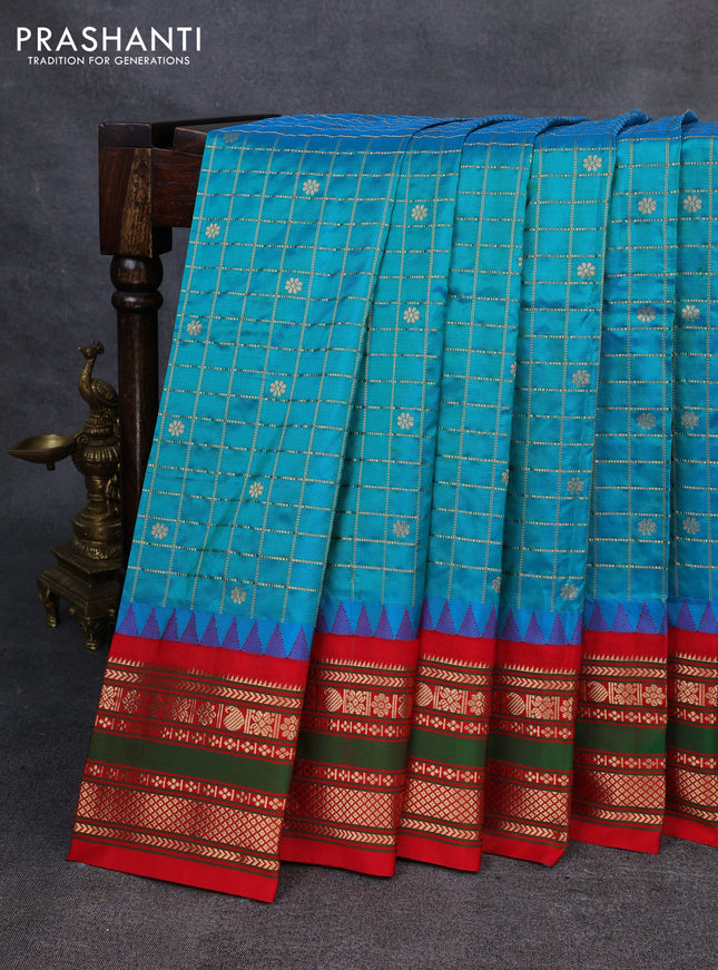 Narayanpet silk saree teal blue and red with allover zari checks & buttas and temple design rettapet zari woven border