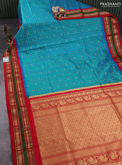 Narayanpet silk saree teal blue and red with allover zari checks & buttas and temple design rettapet zari woven border
