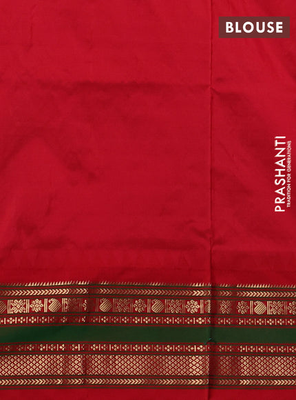 Narayanpet silk saree teal blue and red with allover zari checks & buttas and temple design rettapet zari woven border