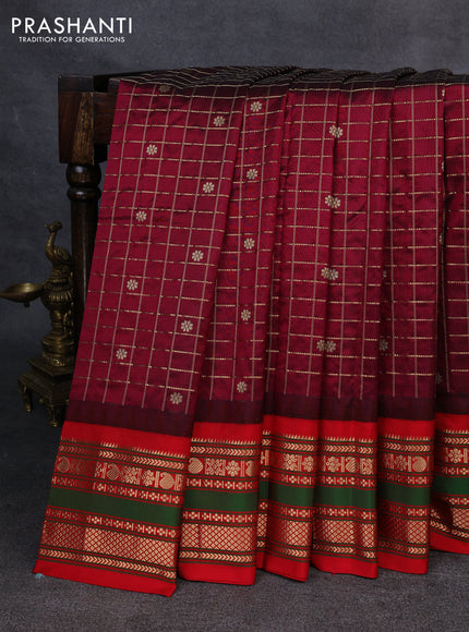 Narayanpet silk saree deep wine and red with allover zari checks & buttas and temple design rettapet zari woven border