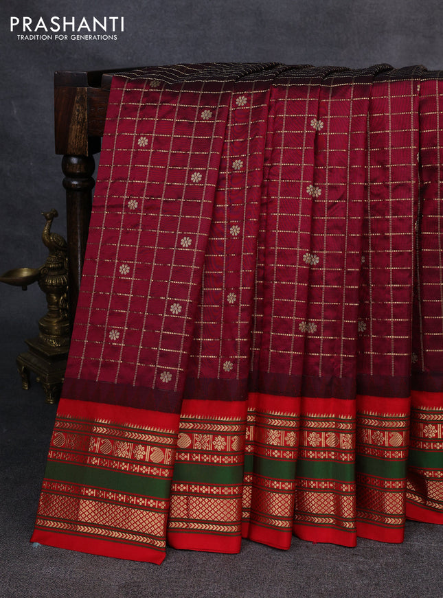 Narayanpet silk saree deep wine and red with allover zari checks & buttas and temple design rettapet zari woven border