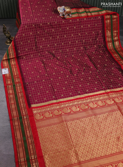 Narayanpet silk saree deep wine and red with allover zari checks & buttas and temple design rettapet zari woven border