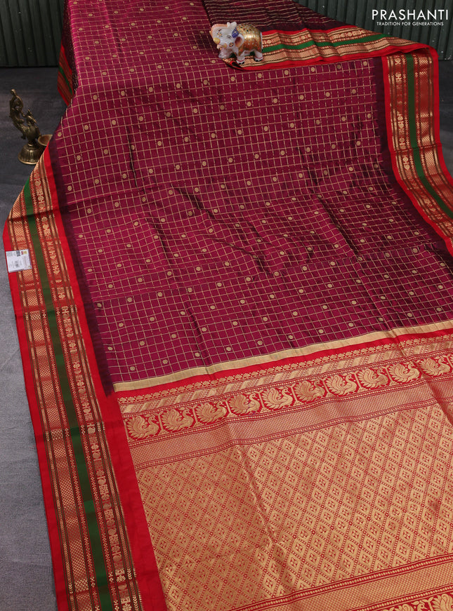 Narayanpet silk saree deep wine and red with allover zari checks & buttas and temple design rettapet zari woven border