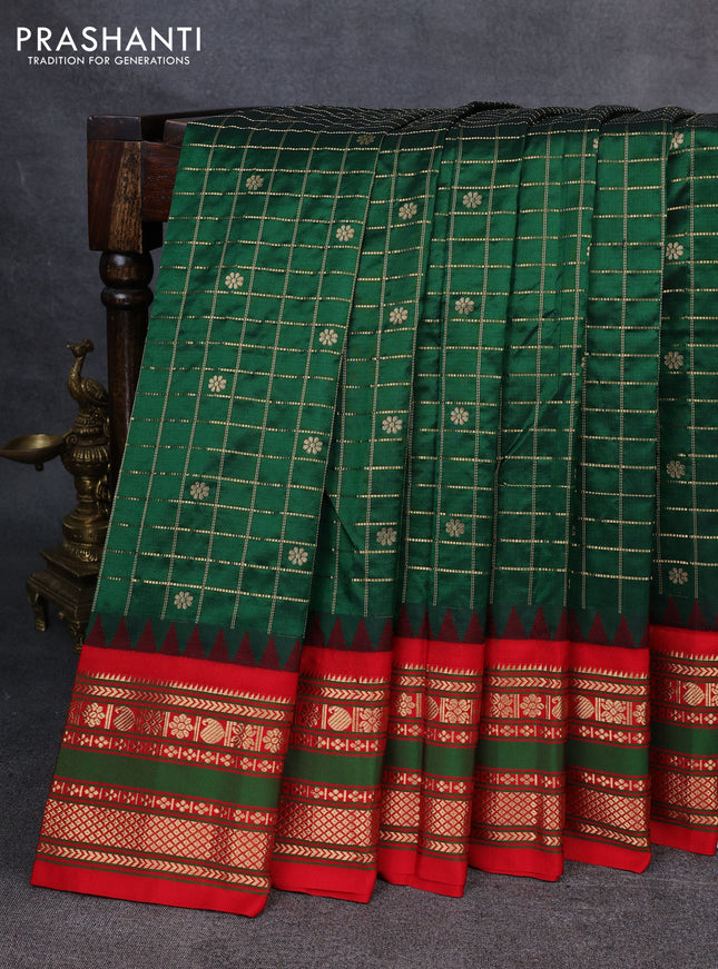 Narayanpet silk saree bottle green and red with allover zari checks & buttas and temple design rettapet zari woven border