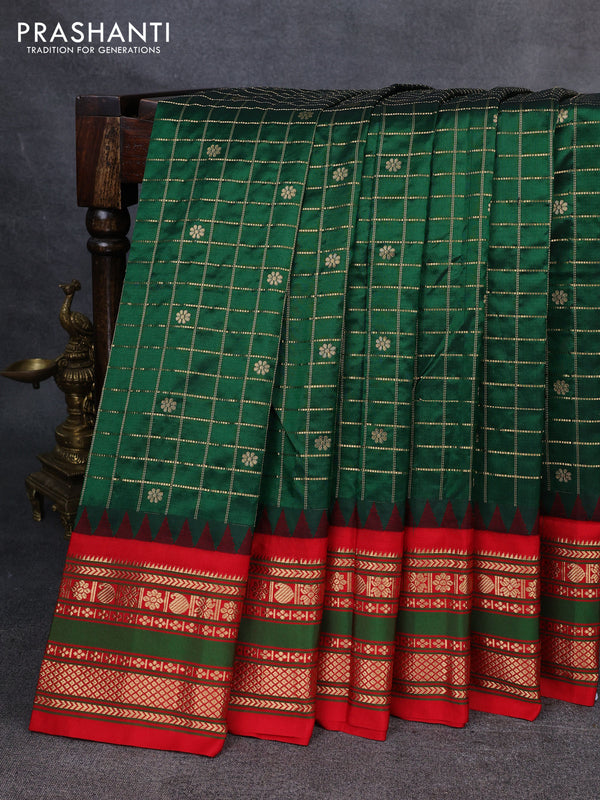 Narayanpet silk saree bottle green and red with allover zari checks & buttas and temple design rettapet zari woven border