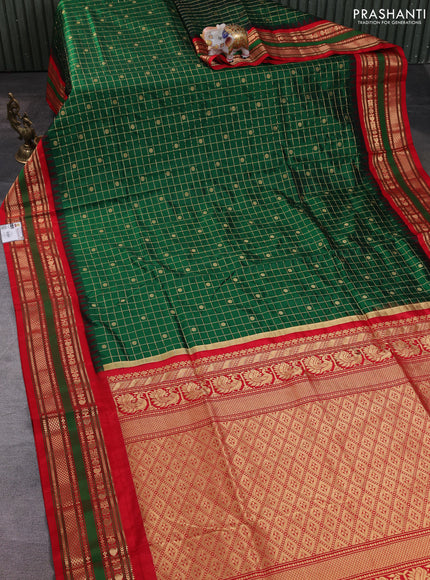 Narayanpet silk saree bottle green and red with allover zari checks & buttas and temple design rettapet zari woven border