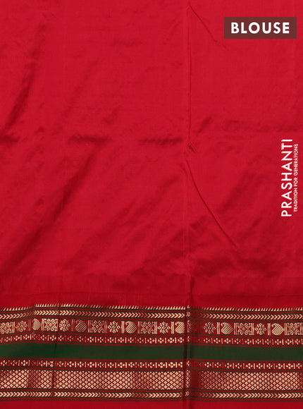 Narayanpet silk saree bottle green and red with allover zari checks & buttas and temple design rettapet zari woven border