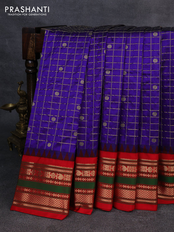 Narayanpet silk saree royal blue and red with allover zari checks & buttas and temple design rettapet zari woven border