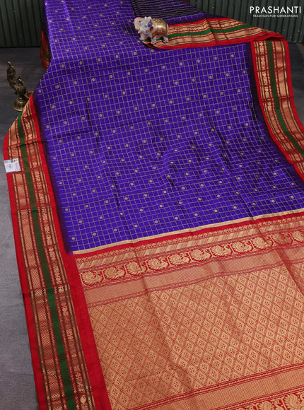 Narayanpet silk saree royal blue and red with allover zari checks & buttas and temple design rettapet zari woven border