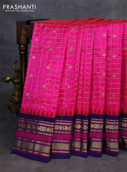 Narayanpet silk saree candy pink and dark blue with allover zari checks & buttas and temple design zari woven border