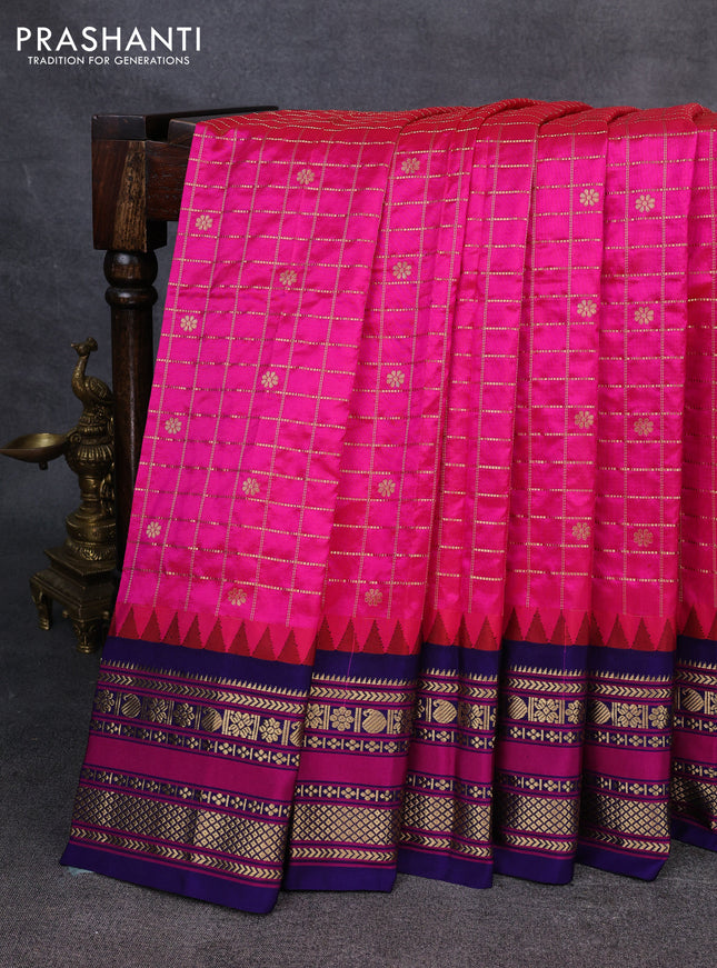 Narayanpet silk saree candy pink and dark blue with allover zari checks & buttas and temple design zari woven border