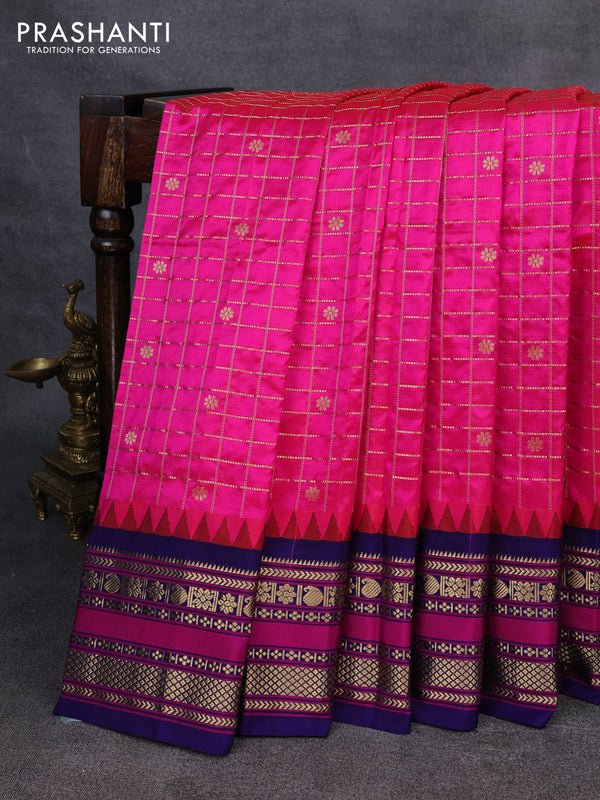 Narayanpet silk saree candy pink and dark blue with allover zari checks & buttas and temple design zari woven border