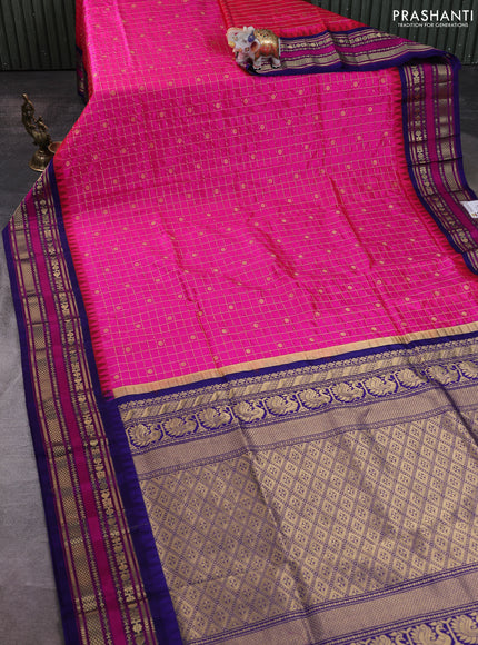 Narayanpet silk saree candy pink and dark blue with allover zari checks & buttas and temple design zari woven border