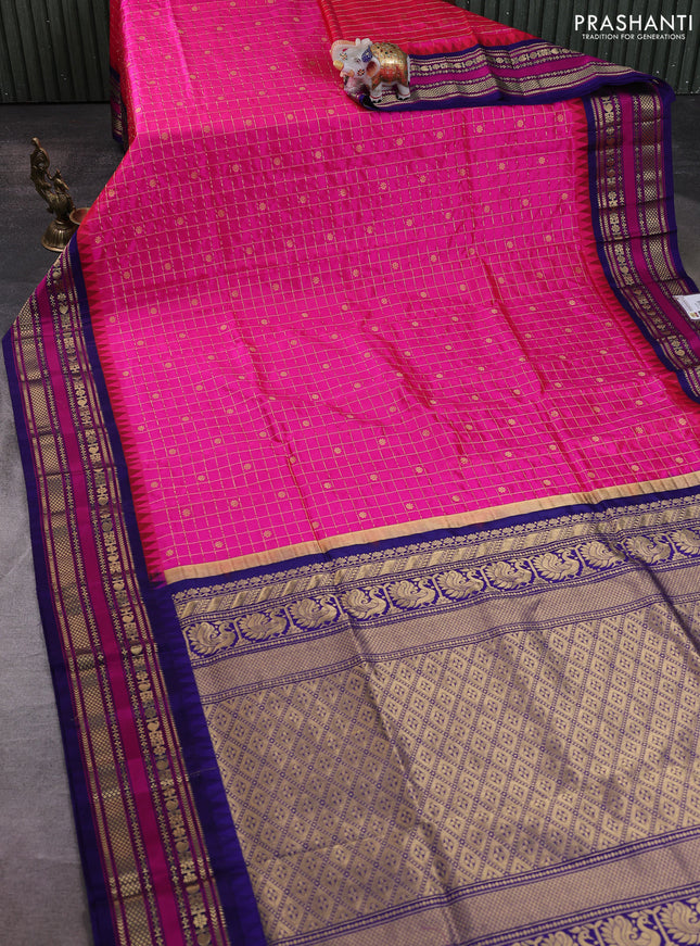 Narayanpet silk saree candy pink and dark blue with allover zari checks & buttas and temple design zari woven border