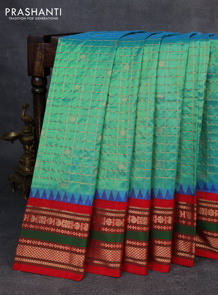 Narayanpet silk saree dual shade of teal green and red with allover zari checks & buttas and temple design zari woven border