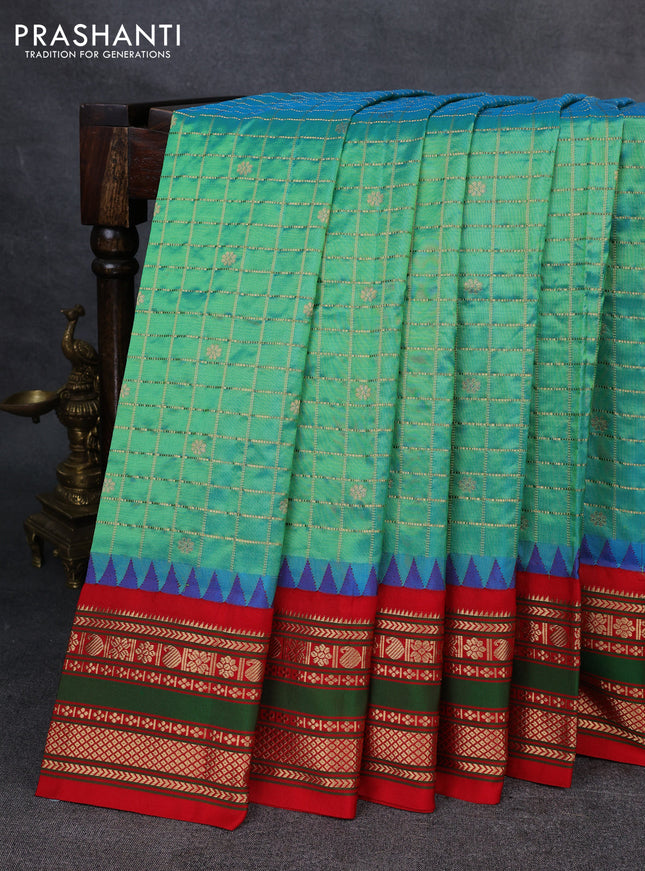Narayanpet silk saree dual shade of teal green and red with allover zari checks & buttas and temple design zari woven border