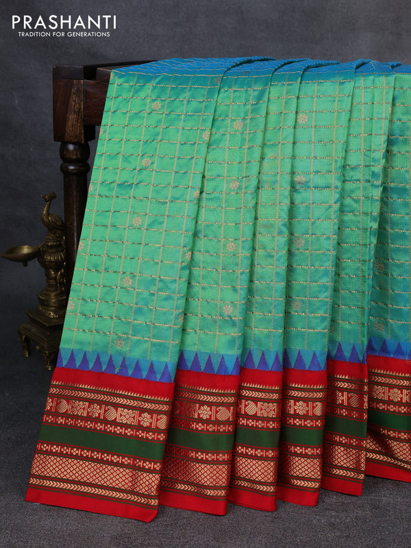 Narayanpet silk saree dual shade of teal green and red with allover zari checks & buttas and temple design zari woven border