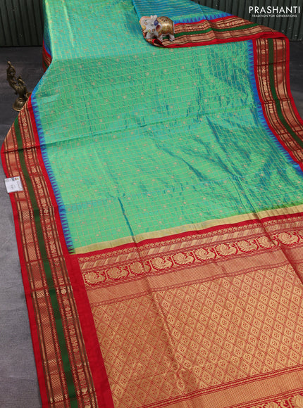 Narayanpet silk saree dual shade of teal green and red with allover zari checks & buttas and temple design zari woven border