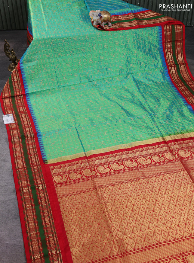Narayanpet silk saree dual shade of teal green and red with allover zari checks & buttas and temple design zari woven border