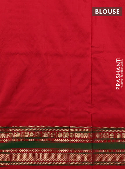 Narayanpet silk saree dual shade of teal green and red with allover zari checks & buttas and temple design zari woven border