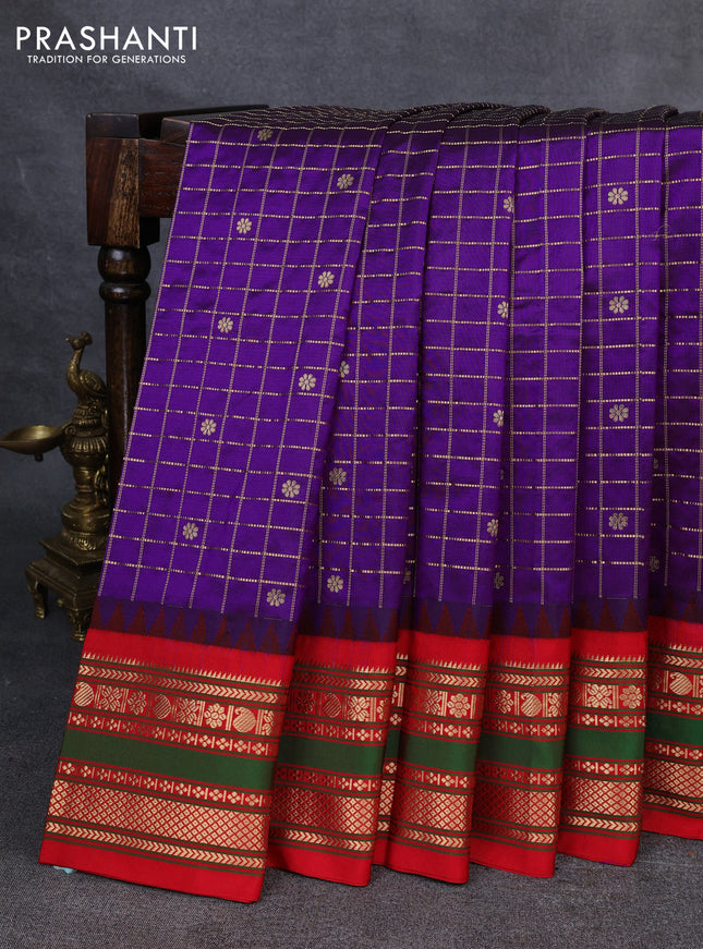 Narayanpet silk saree purple and red with allover zari checks & buttas and temple design zari woven border