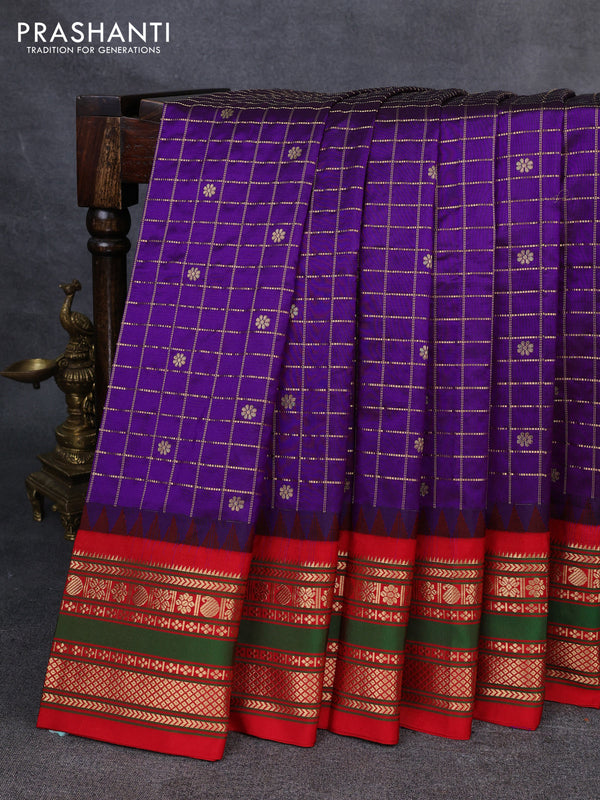 Narayanpet silk saree purple and red with allover zari checks & buttas and temple design zari woven border