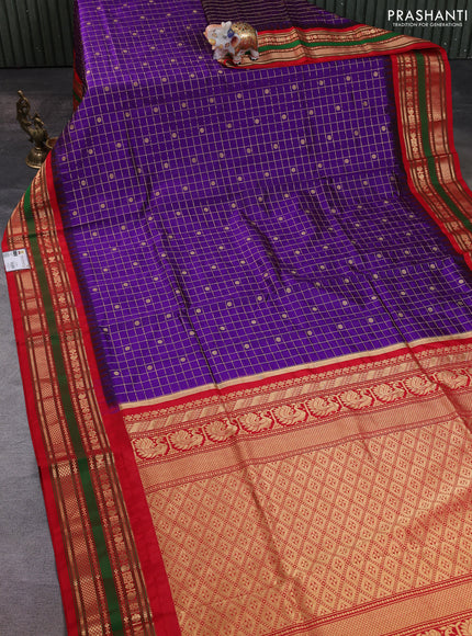 Narayanpet silk saree purple and red with allover zari checks & buttas and temple design zari woven border