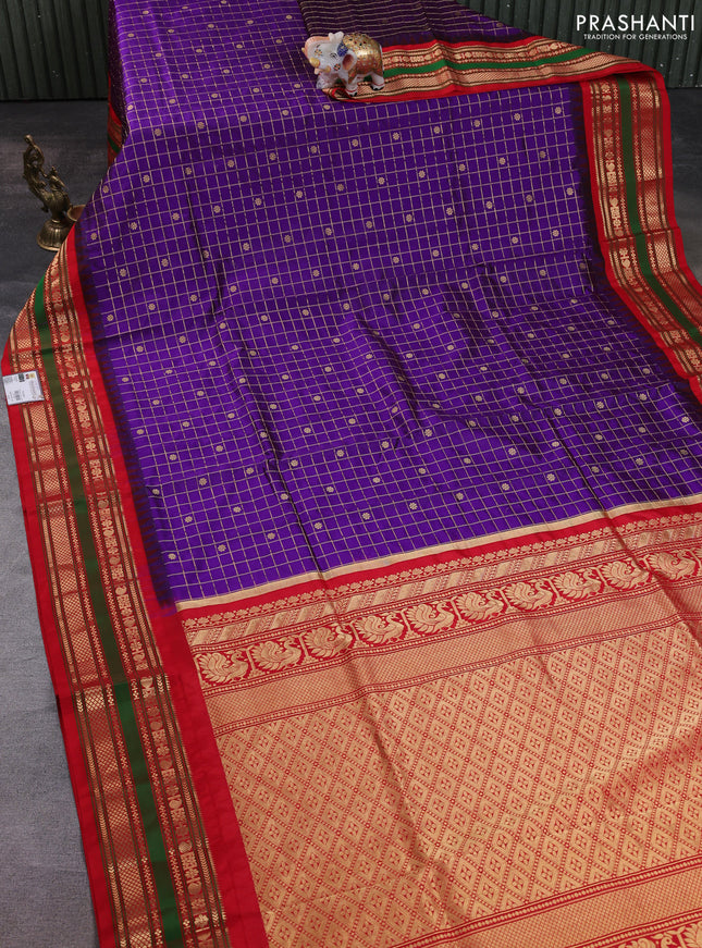 Narayanpet silk saree purple and red with allover zari checks & buttas and temple design zari woven border