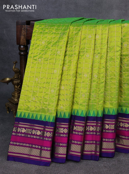 Narayanpet silk saree fluorescent green and navy blue with allover zari checks & buttas and temple design zari woven border