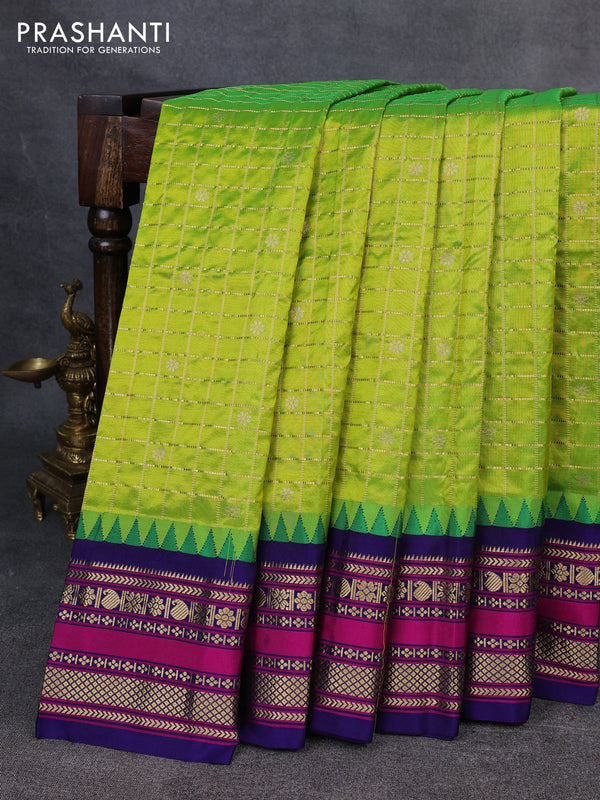 Narayanpet silk saree fluorescent green and navy blue with allover zari checks & buttas and temple design zari woven border