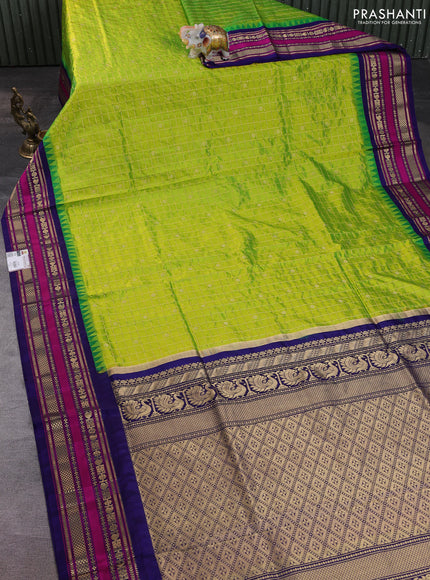 Narayanpet silk saree fluorescent green and navy blue with allover zari checks & buttas and temple design zari woven border